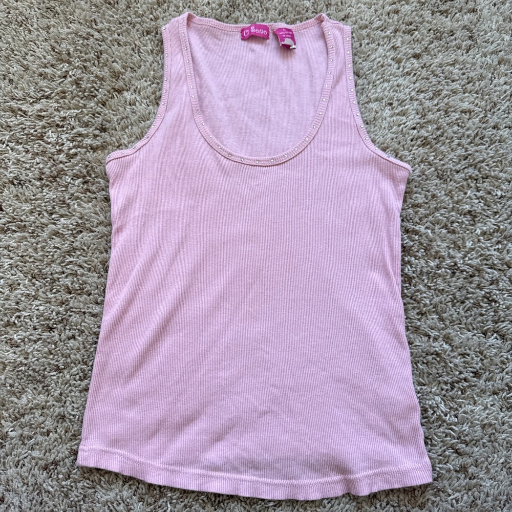 Ci Sono Pink Ribbed Rhinestone Scoop Neck Tank Top Y2K Cotton Size L